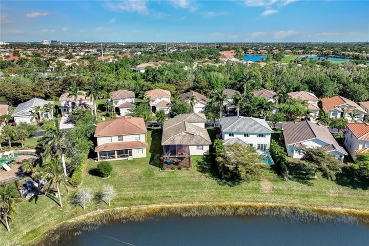 Birds eye view of property with a water view