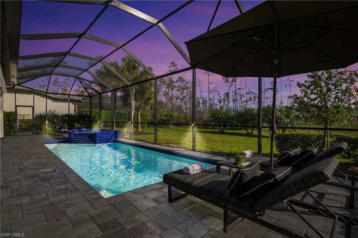 Note the additional lanai lighting on the lanai cage as well as professional uplighting throughout the landscape.