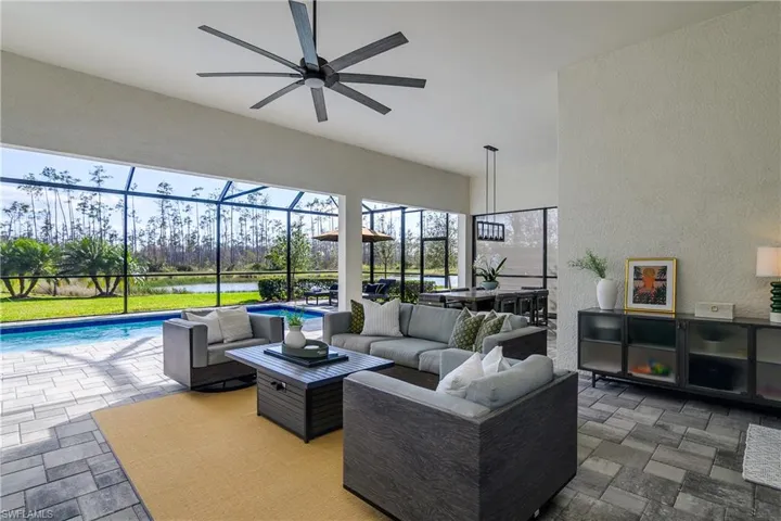 Covered lanai also includes remote storm shades to protect all of your outdoor furnishings from rain or storms.