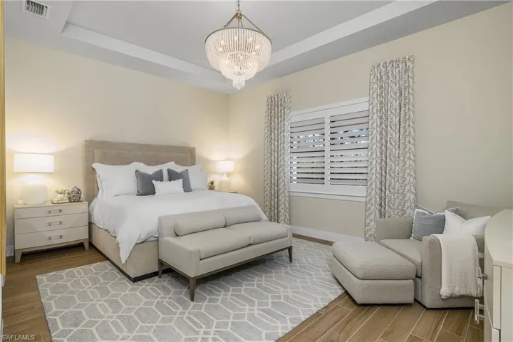 Owner suite is spacious and features tray plantation shutters, tray ceilings, designer lighting and plank tile flooring for easy maintenance.