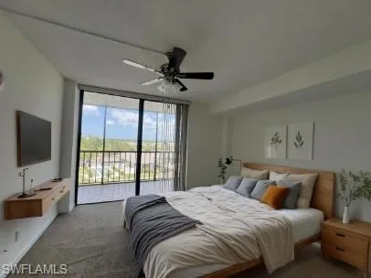 Bedroom featuring floor to ceiling windows, access to exterior, ceiling fan, and carpet floors