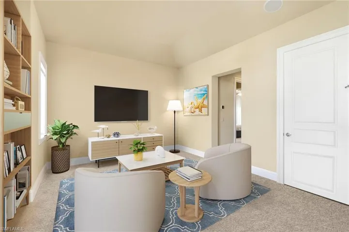 Living room with light colored carpet