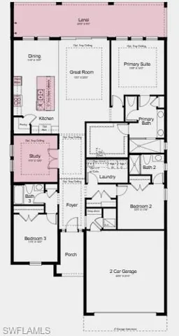 Additional Highlights Include: Gourmet kitchen, straight valance wood hood, waterfall island, tray ceiling at primary suite, great room and study, 8' interior doors, 4' garage extension, study with french doors in place of flex, covered extended lanai, and pool and spa prewire.