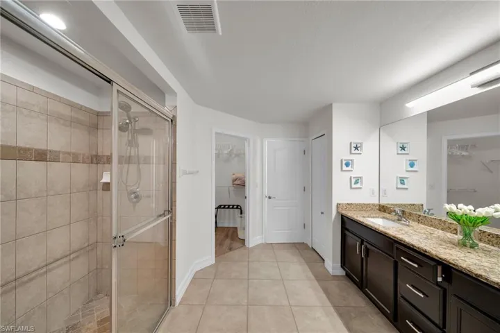 Bathroom featuring visible vents, a stall shower, a spacious closet, and vanity