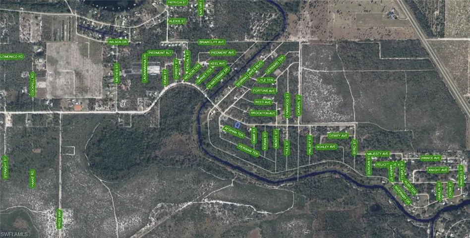 Aerial Map. Illustrating property boundaries, street names, and geographic features within the property