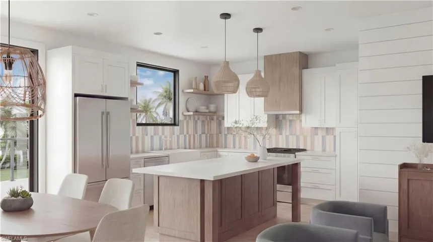 Kitchen featuring two tone cabinetry, open shelves, tasteful backsplash, stainless steel appliances, and a center island  - Virtually Edited