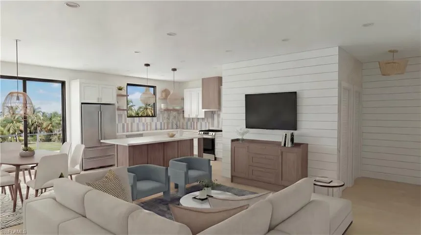 Living room featuring recessed lighting and wooden walls - Virtually Edited
