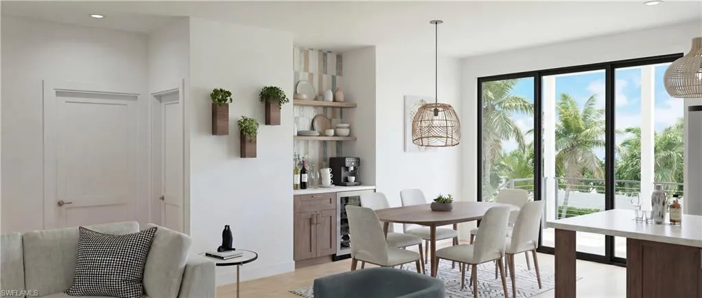 Dining room featuring recessed lighting, wine cooler, and light wood finished floors - Virtually Edited