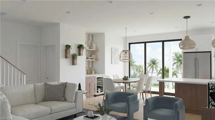 Living area with light wood-style floors, beverage cooler, and recessed lighting - Virtually Edited