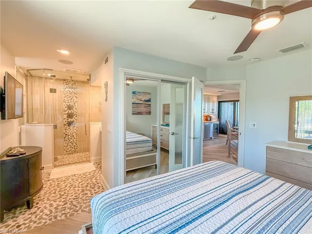 Bedroom featuring recessed lighting, visible vents, a closet, and a ceiling fan