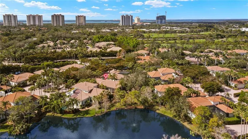 Bird's eye view with a water view
