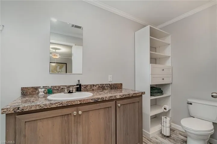Bathroom with vanity, crown molding, wood-type flooring, and toilet