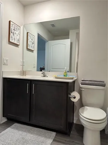 Bathroom with toilet, vanity, and wood-type flooring