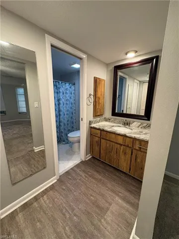 Bathroom with hardwood / wood-style floors, toilet, vanity, and a textured ceiling