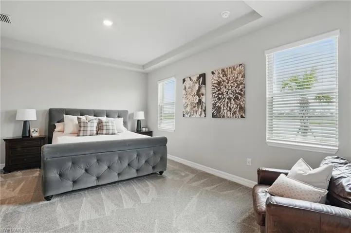 Carpeted bedroom featuring baseboards, a raised ceiling, and recessed lighting
