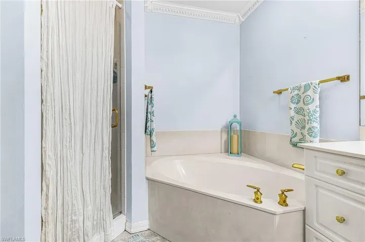 Bathroom featuring a bath, a stall shower, vanity, and ornamental molding