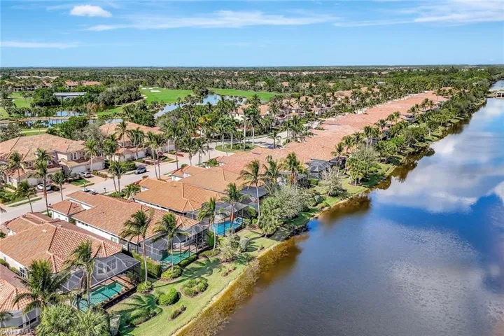 Aerial view of residential area featuring a nearby body of water