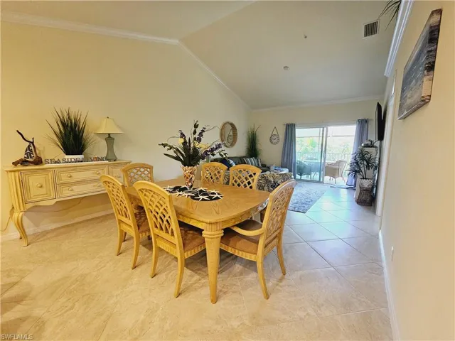 Diagonal set tile in the dining/living area