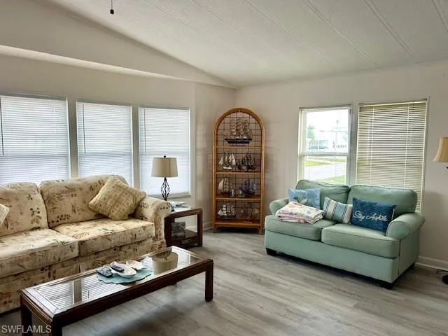 Living room with vaulted ceiling and wood finished floors