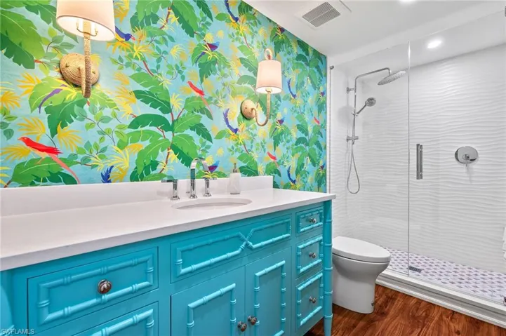 Guest Bathroom with designer wallpaper & designer tiles