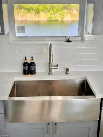 Details with gray cabinets, sink, and backsplash