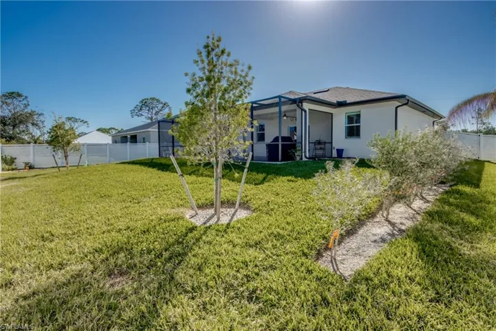 Backyard view from left rear corner. Bottlebrush and olive trees are shown.