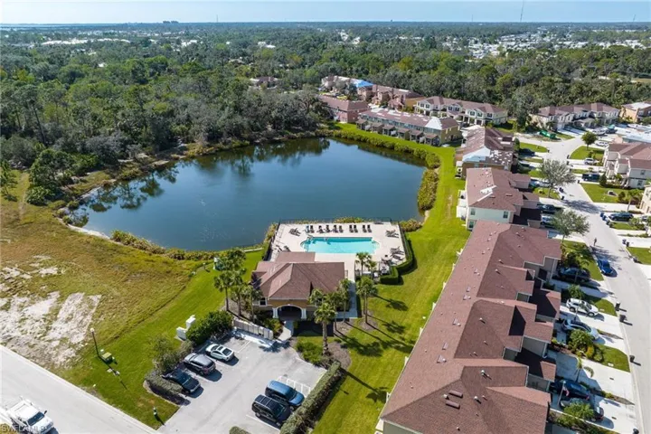 Bird's eye view of a large body of water and a pool area