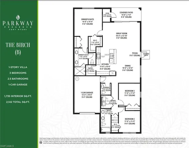 1-STORY VILLA • 3 Bedrooms  2.5 Bathrooms 1-Car Garage 1,735 Interior Sq. Ft. 2,142 Total Sq. Ft.