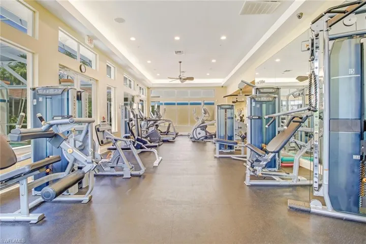 Workout area featuring a wealth of natural light and ceiling fan