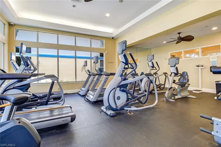 Workout area with ceiling fan