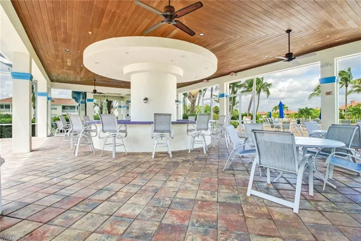 View of patio featuring an outdoor bar and ceiling fan