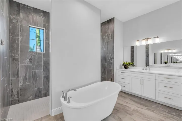 Bathroom featuring vanity and shower with separate bathtub