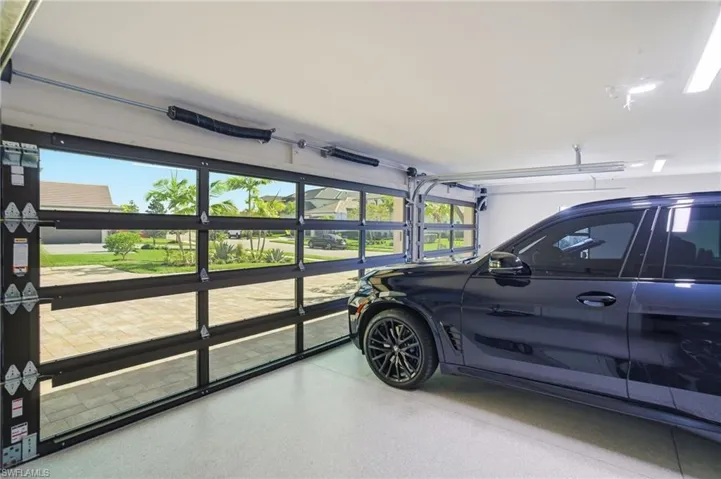 View of garage with upgraded doors