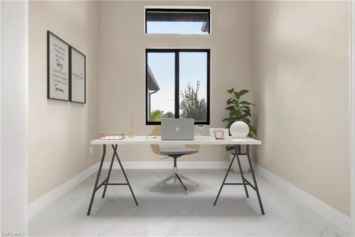 Office area with marble finish floors and baseboards