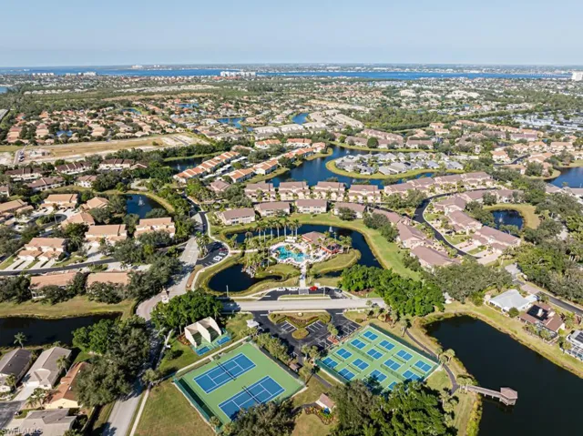 Aerial view with the Gulf in the distance.