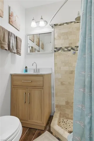 Bathroom with a stall shower, vanity, and dark wood-style floors
