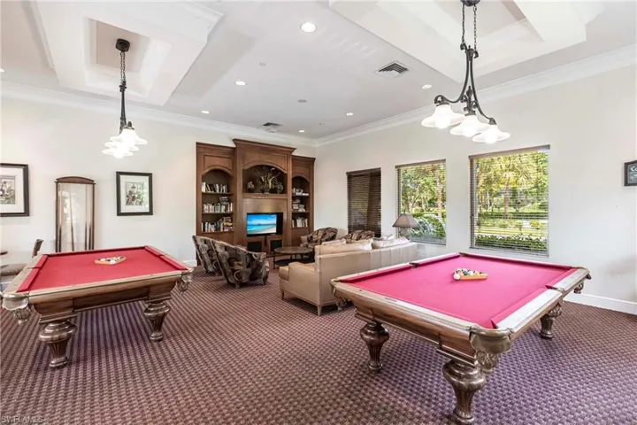 Rec room with billiards table, carpet flooring, crown molding, and recessed lighting