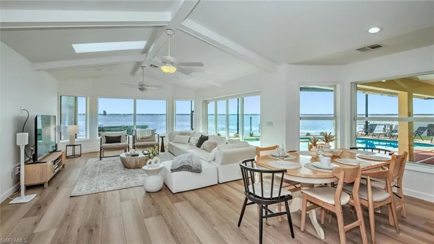 Living Room featuring a water view, plenty of natural light, and a skylight