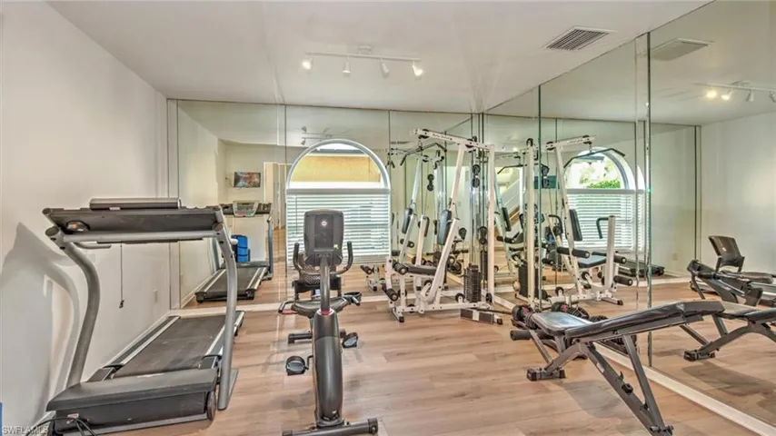 Exercise room featuring rail lighting, wood finished floors, and healthy amount of natural light