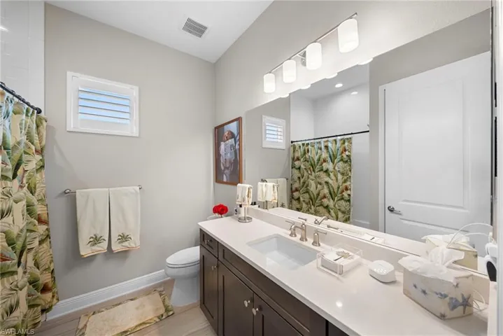The bathroom features a vanity with a white countertop and a single sink, a mirror with overhead lighting, a toilet, and a window with white shutters