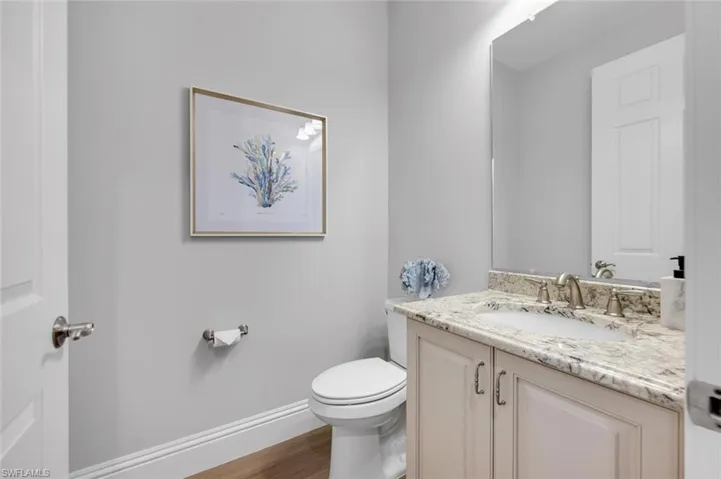 Bathroom with hardwood / wood-style floors, vanity, and toilet