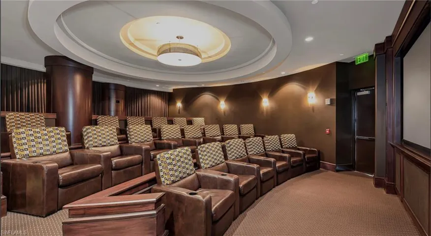 Home theater room with carpet flooring, a raised ceiling, and recessed lighting