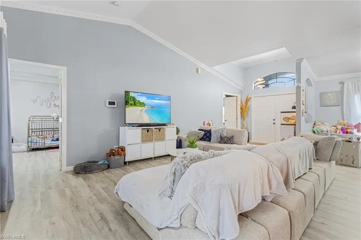 Living room featuring crown molding, high vaulted ceiling, and light hardwood / wood-style flooring