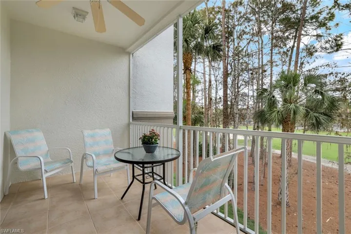Balcony featuring ceiling fan