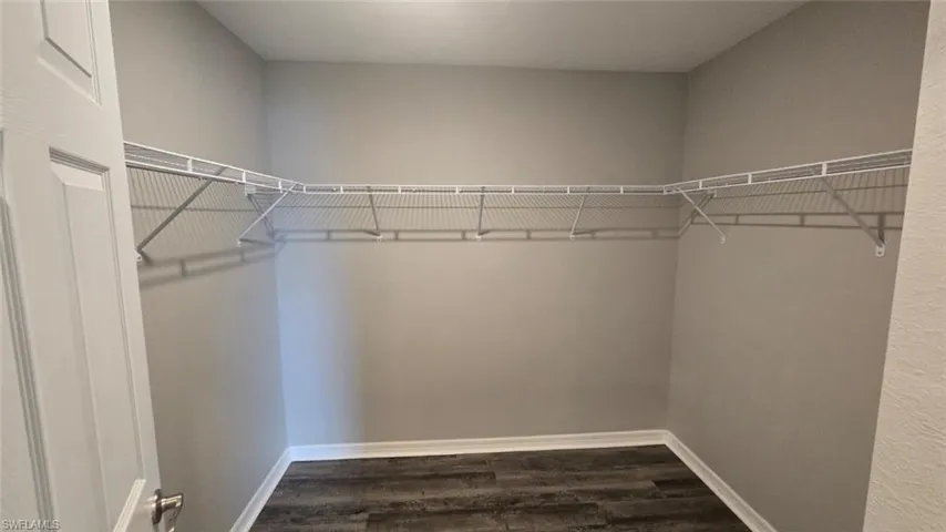 Walk in closet with dark wood finished floors