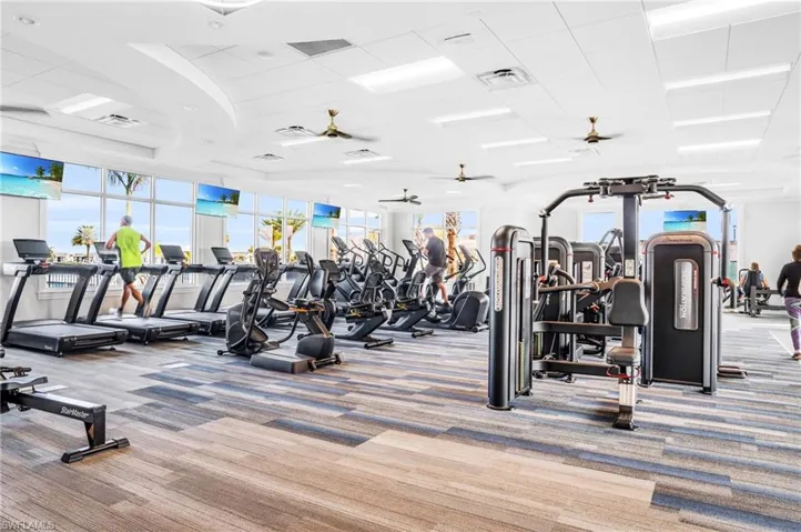 Workout area with carpet flooring, a paneled ceiling, and ceiling fan