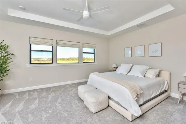 Carpeted bedroom with a tray ceiling and ceiling fan