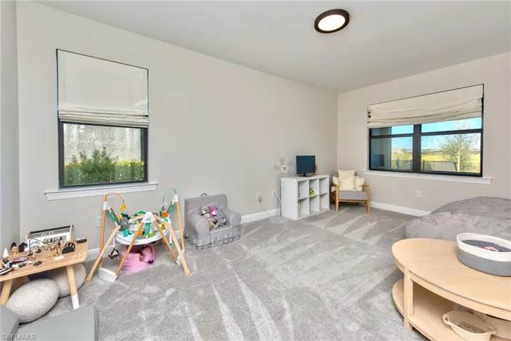 Rec room with carpet and baseboards