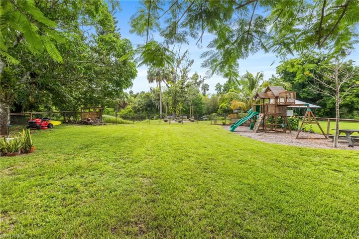 View of yard with a playground and view of wooded area