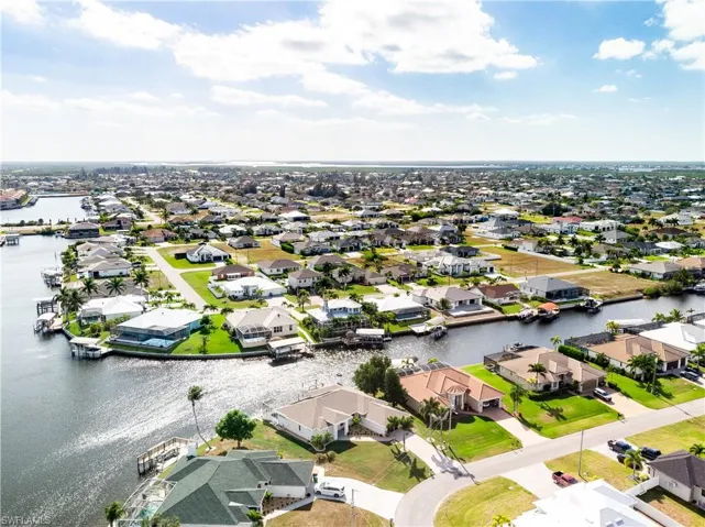 Aerial perspective of suburban area with gulf access